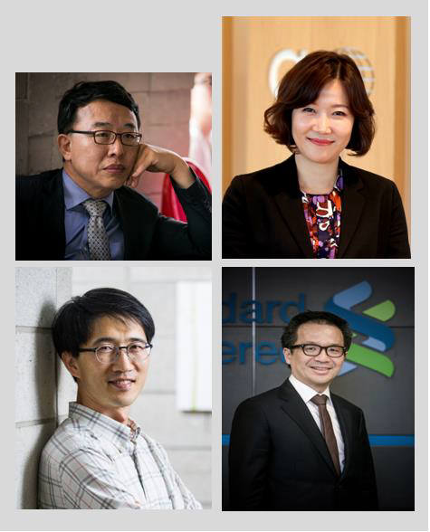 CIO서밋 2017 좌장 및 패널 사진. 위쪽 왼쪽부터 이경상 KAIST 겸직교수, 이지현 라이나생명 상무, 이제흔 유한킴벌리 이사, 김홍선 SC제일은행 부행장.