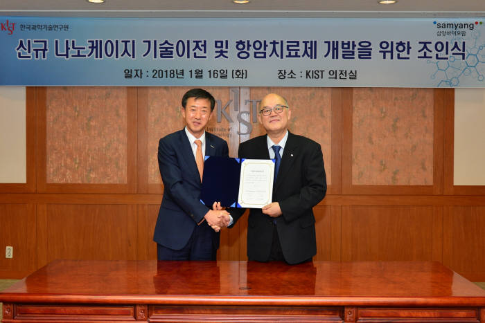 엄태웅 삼양바이오팜 대표(왼쪽)와 이병권 KIST 원장.