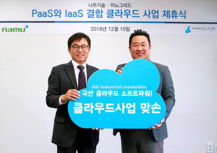 10일 사업제휴식에서 김명진 이노그리드 대표(오른쪽)와 정철 나무기술 대표가 사진촬영을 하고 있다. 이노그리드 제공