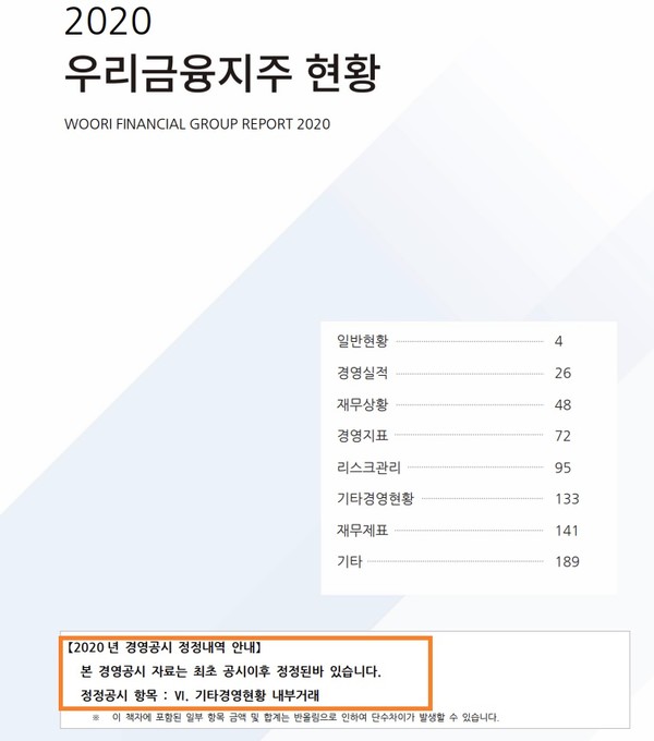 우리금융지주의 2020년 경영공시 정정 공시.