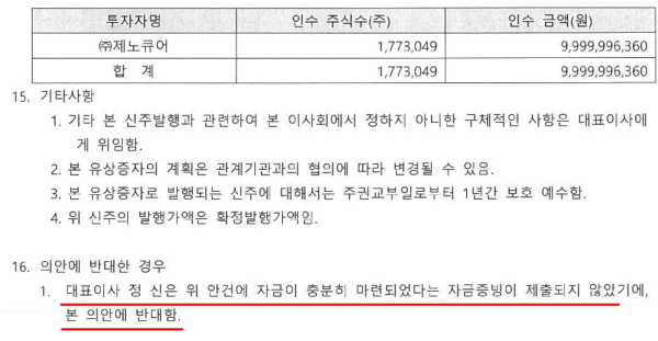 올리패스 이사회 의사록. 정신 대표가 제노큐어 등에 대한 유상증자에 반대한 것으로 나타났다. 자료/전자공시시스템