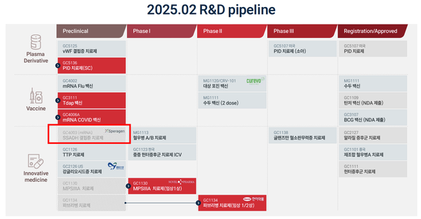 2월 기준 GC녹십자 파이프라인. 스페라젠과 공동개발하던 SSADHD 치료제의 개발이 중단됐다. 자료/GC녹십자