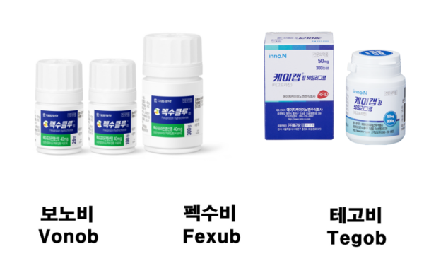 대웅제약 펙수클루(왼쪽)와 HK이노엔 케이캡(오른쪽), 보령이 출원한 P-CAB 제제 관련 상표. 사진/대웅제약, HK이노엔, 특허청